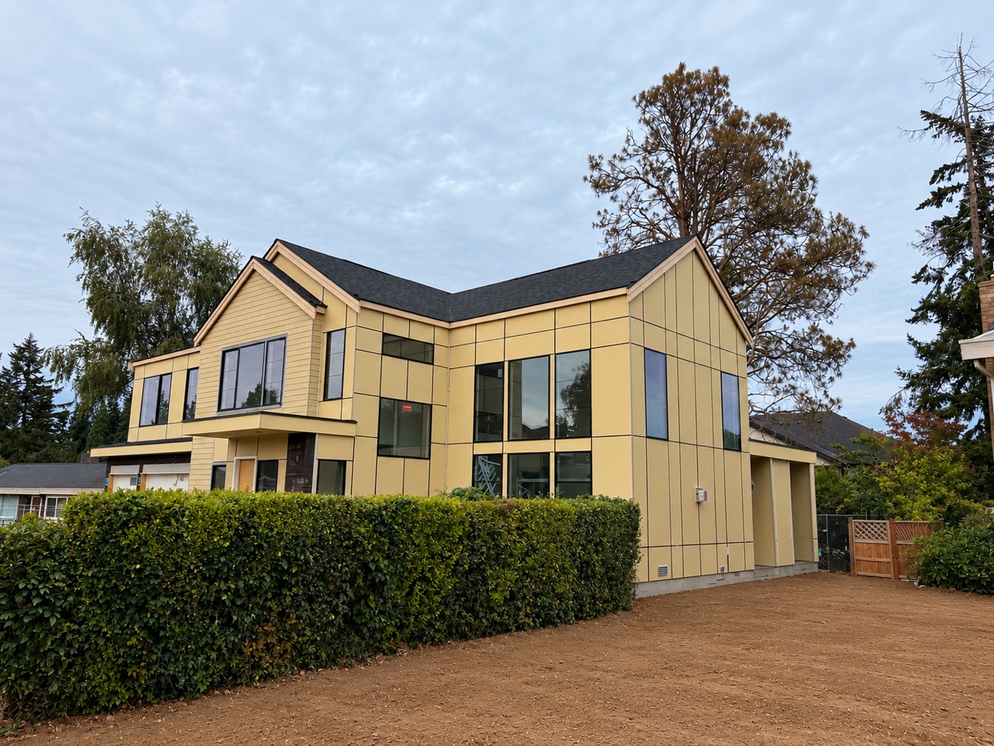 Modern residential exterior with gold siding and large black-framed windows